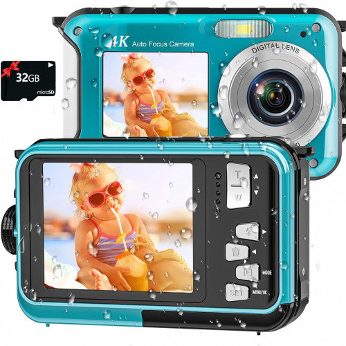 CÁMARA SUBACUÁTICA 4K DE 16 PIES CÁMARA IMPERMEABLE CON TARJETA DE 32 GB, ENFOQUE AUTOMÁTICO DE 64 MP, CÁMARA SUBMARINA